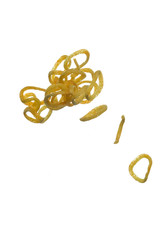Group of Tiny Thin Flying Dried Onion Rings in Free Falling. isolated Over White Background.