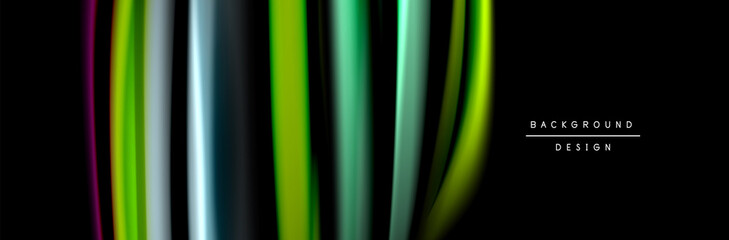 Silk and smooth flow wave poster design. Color waves, liquid style lines and shapes in black color background