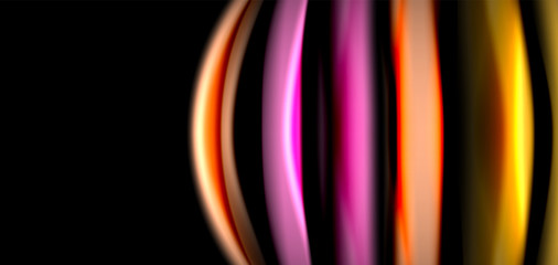 Abstract silk smooth lines on black, multicolored liquid fluid rainbow style waves on black