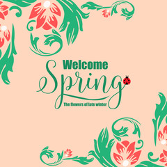 Seamless leaf and red flower frame design, for cute welcome spring greeting card design. Vector