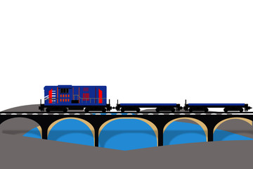 Vector of blue train with three carriage over the bridge over the lake isolated on white background.