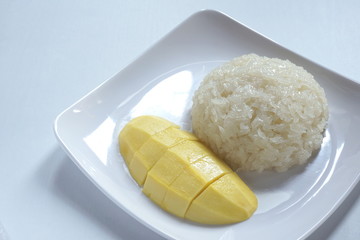 Mango sticky rice, Thai desserts on white background