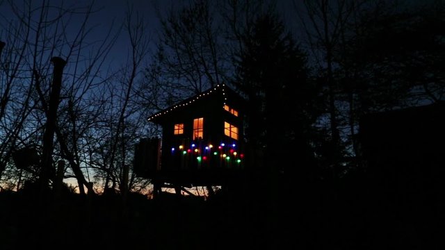 An illuminated treehouse at night