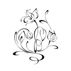 ornament 1008. decorative element with flower buds on stems with leaves and curls in black lines on a white background