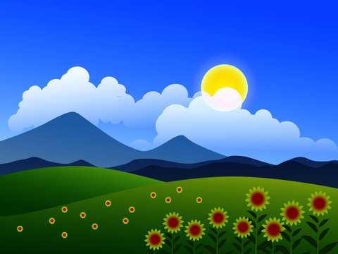 summer landscape with flowers and blue sky