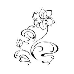 ornament 1010. decorative flower with large petals on a stalk with leaves and curls in black lines on a white background