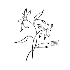 ornament 1011. bouquet of stylized flowers on long stems with leaves in black lines on a white background