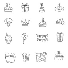 Set of birthday doodle elements in cute hand drawn style. Birthday doodles icons for kids 