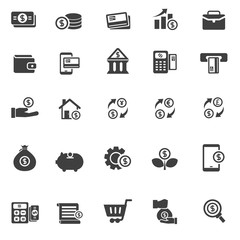 Set of money and banking related icons in glyph style isolated on white background 