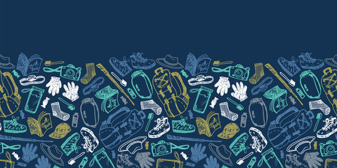 Vector blue doodle sketch horizontal border pattern with objects for trekking and hiking. Suitable for outdoor activity posters and trekking brochures.
