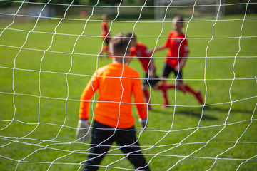 Goalkeeper catches the ball. Goal net in focus. Sports competition. Children's football on the...