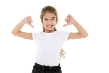 Little girl in a white T-shirt.