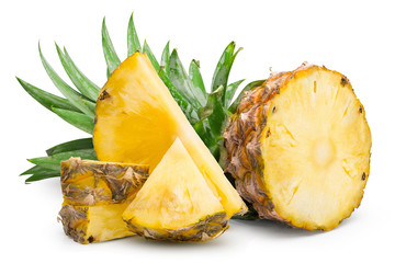 Ripe pineapple cut in half and pineapple slice isolated on white with clipping path.