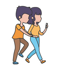 young woman with smartphone and man walking healthy lifestyle