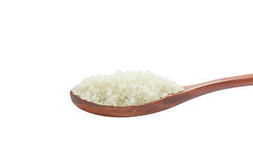 Wooden spoon scoop rice on white background.