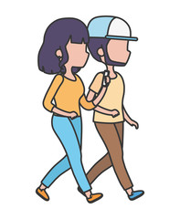 young couple walking with smartphone in hand