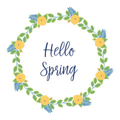 Beautiful Crowd of yellow rose floral frame, and unique leaf pattern, for hello spring greeting card design. Vector