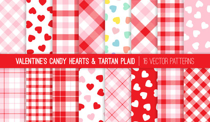 Valentine's Day Candy Hearts and Red Pink White Tartan Plaid Vector Patterns. Pastel Rainbow Conversation Hearts Backgrounds. Pattern Tile Swatches Included.