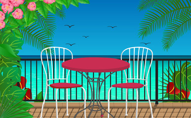 chairs with table at balcony on the beach	