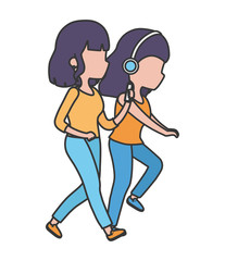 young women walking with headphones and smartphone outdoors