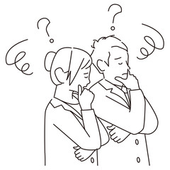 悩む男女　スーツ　白衣　線画
