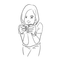 woman drinking hot coffee vector illustration sketch doodle hand drawn isolated on white background