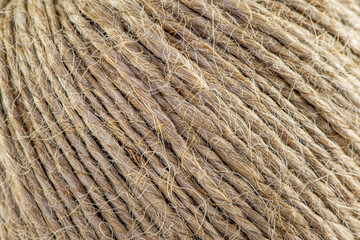 Natural jute twine, macro shot. Jute thread texture. Skein of jute rope. 