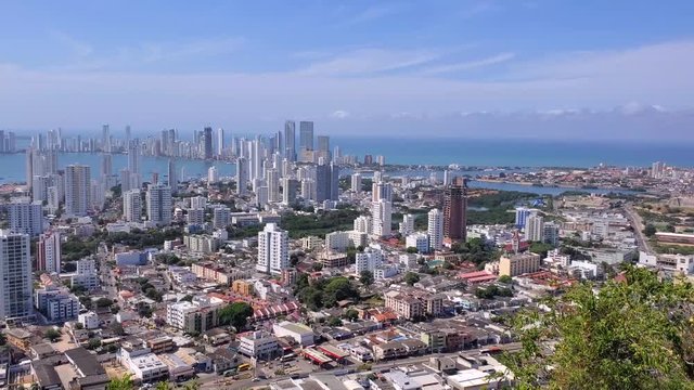 Scenic view of Cartagena cityscape, modern skyline, hotels and ocean bays Bocagrande and Bocachica from the lookout hill of Santa Cruz convent (Convento de la Popa)