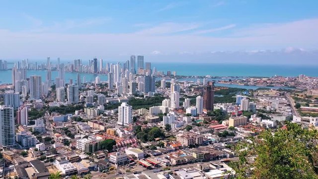 Scenic view of Cartagena cityscape, modern skyline, hotels and ocean bays Bocagrande and Bocachica from the lookout hill of Santa Cruz convent (Convento de la Popa)