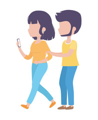 young woman with smartphone and man walking healthy lifestyle