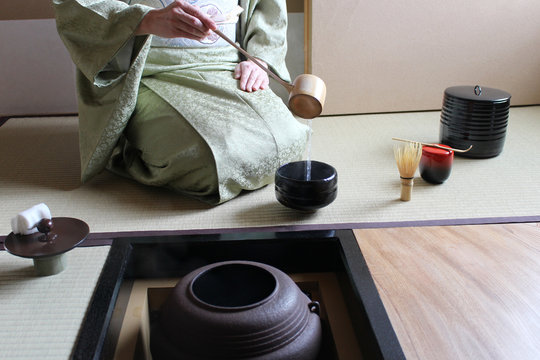 Japanese Woman in Kimono Performing Tea Ceremony, Matcha Tea Preparation in Traditional Tea Room