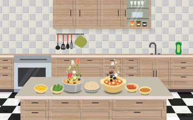 hotpot and ingredients in the kitchen room	