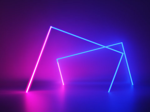 Futuristic Sci-Fi Neon Light Shapes in dark room With Empty Space For Text ,3D Illustration © monsitj