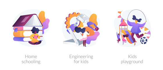 Children education and recreation. icons set. Home schooling, engineering for kids, kids playground metaphors. Entertainment and learning. Vector isolated concept metaphor illustrations.
