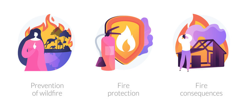 Forest fires and natural disasters global problem. Arson and private property loss. Prevention of wildfire, fire protection, fire consequences metaphors. Vector isolated concept metaphor illustrations