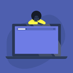 Your text here, template, young black female character leaning on a laptop, digital marketing instruments