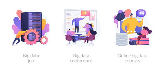 Data center, backup server technician. Information management experts meeting. Big data job, big data conference, online big data courses metaphors. Vector isolated concept metaphor illustrations