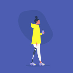Young female character with a prosthetic lower limb holding a water flask, Modern disabled people, New technologies