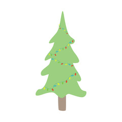 Cartoon Christmas tree in garlands isolated on white background. Hand drawn holiday fir in doodle style symbol.