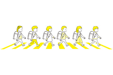 手描き1color  男の子女の子 ランドセル　横断歩道を渡る