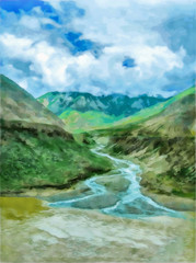 Watercolor mountain landscape, Himalayas, Tibet. Tourism, travel. Mountain and lake views. Digital painting - illustration. Watercolor drawing.