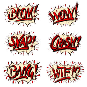 Set of comics speech bubbles explosions illustrations - boom! wow! snap! crash! bang! WTF!?