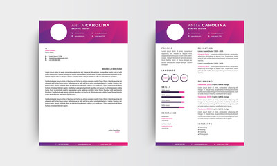 Professional minimalist CV resume and letterhead template design , red and purple  - vector