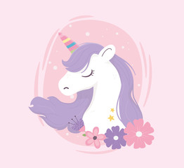 Obraz na płótnie Canvas unicorn colored horn and flowers fantasy magic dream cute cartoon