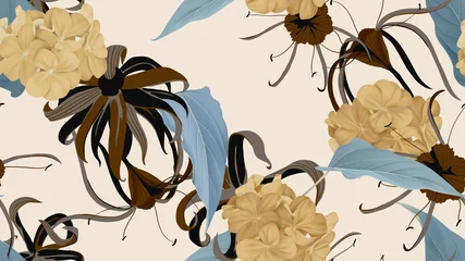 Afwasbaar fotobehang Floral seamless pattern, various flowers and leaves in brown and blue tones on bright brown, vintage style © momosama