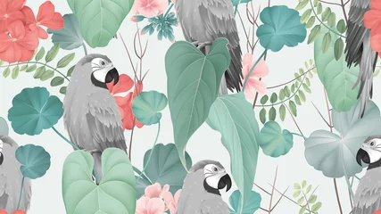 Fototapeten Floral seamless pattern, macaw with various leaves and Pelargonium zonale flowers on bright green © momosama
