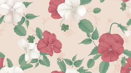 Gordijnen Floral seamless pattern, red and white pansy flowers with leaves on bright red © momosama