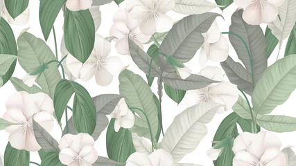 Fensteraufkleber Floral seamless pattern, white pansy flowers with various green leaves on white © momosama