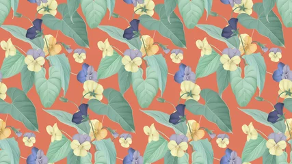 Poster Floral seamless pattern, yellow and purple pansy flowers with leaves on orange © momosama