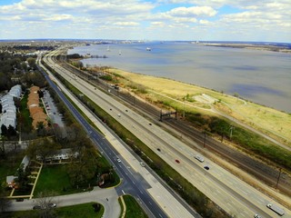 The aerial view of Governor Printz Boulevard, Interstate 495 and the river of Wilmington, Delaware,...